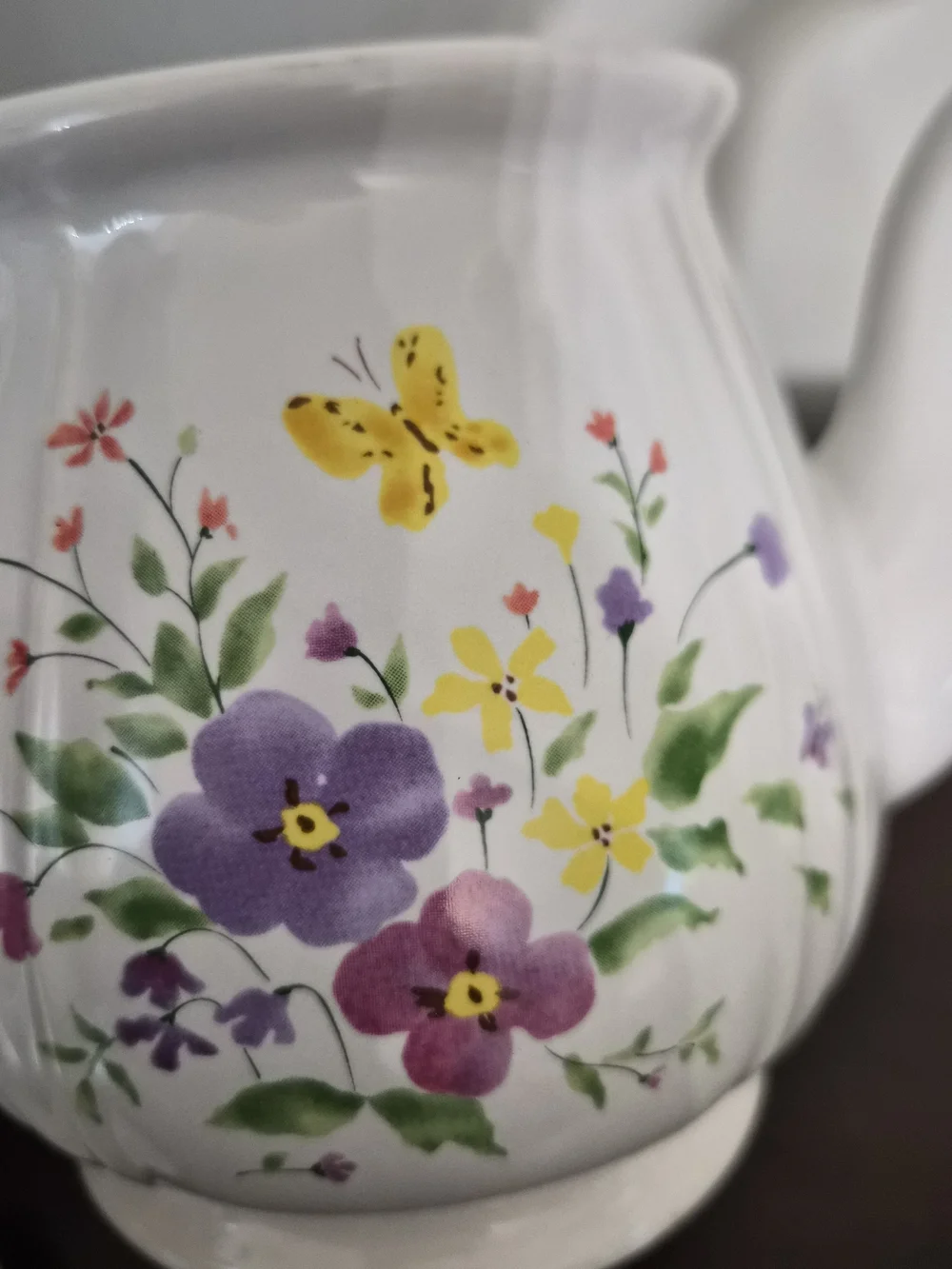 vintage teapot, floral teapot, ceramic teapot, butterfly, cottagecore, farmhouse